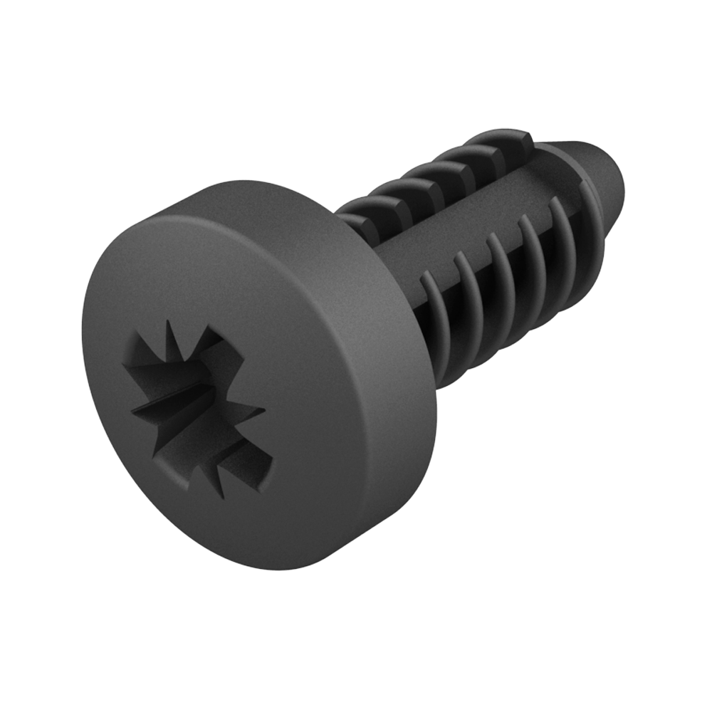 Our Clip-Screw with <b>Pozidriv cylindrical head</b> has a hybrid design that combines the advantages of a <b>clip</b> with those of a <b>screw</b> and even a <b>plug</b>.<br> <br>
*<i> Easy manual installation, it is fixed in a threaded hole by pressure, with the possibility of screwing it later if a stronger hold is required. There is also the option of removing it with a Pozidriv screwdriver, in the same way as a conventional screw, so it is also reusable.<br>
* Suitable for joining two panels with a metric knockout hole and for protecting or plugging threaded holes.<br>
* Offers a very good grip and a good finish. Made of Nylon 66 complying with the UL94V2 standard, it is resistant to corrosion, abrasion and vibration.</i><br> <br>
<b>Push it like a paper clip, remove it like a screw!</b>