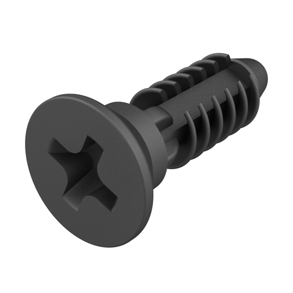 Our Clip-Screw with <b>Phillips countersunk head</b> has a hybrid design that combines the advantages of a <b>clip</b> with those of a <b>screw</b> and even a <b>plug </b>.<br><br>
* <i>Easy manual installation, it is fixed in a threaded hole by pressure, with the possibility of screwing it later if a stronger hold is required. There is also the option of removing it with a Phillips screwdriver, in the same way as a conventional screw, so it is also reusable.<br>
* Suitable for joining two panels with a metric knockout hole and for protecting or plugging threaded holes.<br>
* Offers a very good grip and a good finish. Made of Nylon 66 complying with the UL94V2 standard, it is resistant to corrosion, abrasion and vibration.</i><br><br>
<b>Push it like a paperclip, remove it like a screw!</b>