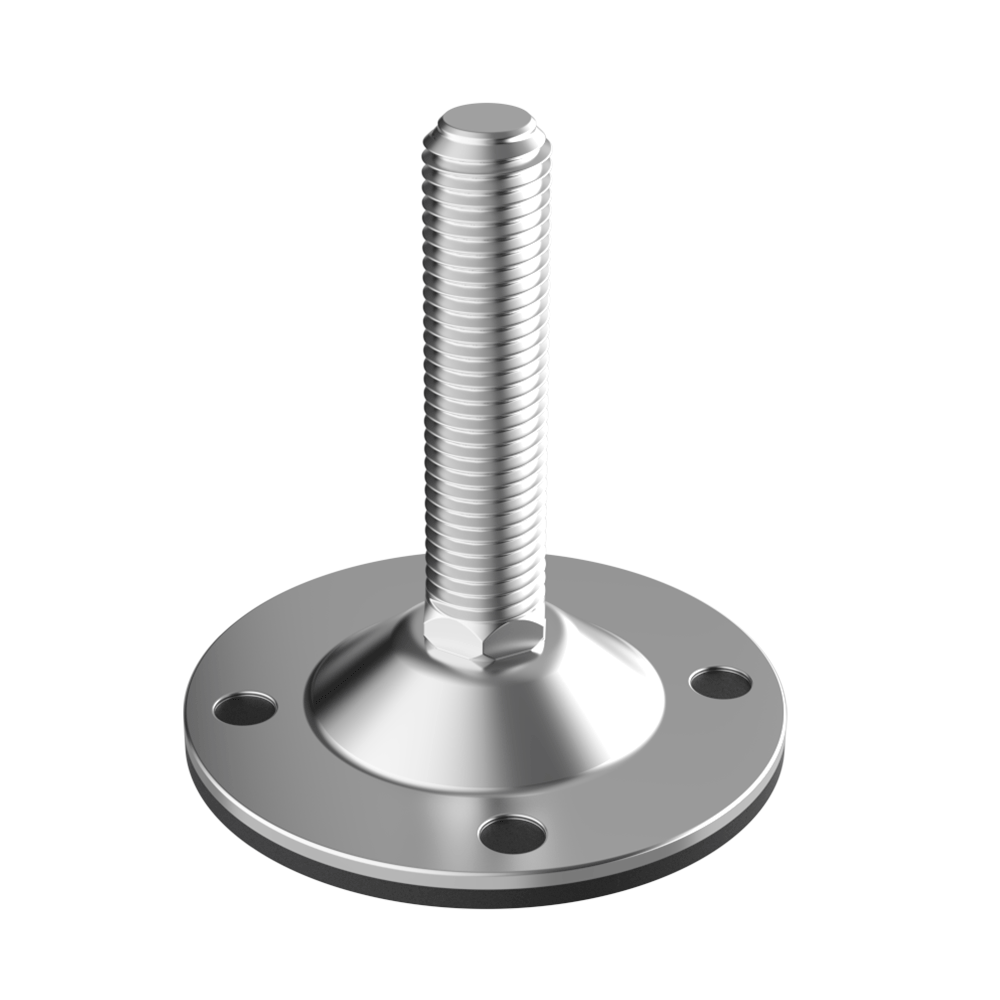 Nasze stopki poziomujące LHVL wykonane z ocynkowanej stali zostały zaprojektowane do <b>zastosowań maszynowych</b> i wytrzymują obciążenie do <b>30 000 N</b>. Wartości obciążenia zostały obliczone w warunkach statycznych i przy połowie długości śruby. W przypadku drgań lub obciążeń dynamicznych należy je odpowiednio zmniejszyć.<br>
Podstawa posiada <b>4 otwory</b> o średnicy 12,50 mm, umożliwiające przykręcenie do podłoża. Gwint ma <b>nachylenie 8º</b>, aby skompensować nierówności podłogi.<br>
Każda wersja dostępna jest z <b>antypoślizgową podstawą z wulkanizowanej gumy NBR 80 Shore</b>. Można ją przewiercić w celu wykorzystania otworów montażowych.<br>
Istnieje możliwość dostarczenia <b>nakrętki sześciokątnej do blokady trzpienia i zapobiegania przechyłom</b>. Opcja dostępna wyłącznie w wersjach bez podstawy antypoślizgowej (typ 1). Skontaktuj się z naszym działem handlowym w razie zainteresowania.