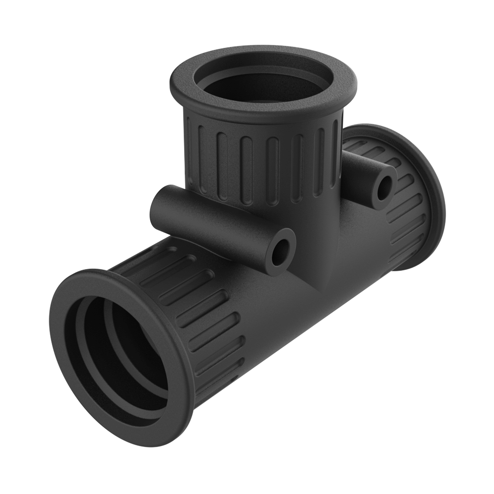 <p>Nasze mufy odgałęźne <b>MDB</b> wykonane są z miękkiego <b>TPE</b> w kształcie litery „T” do tworzenia odgałęzień między odcinkami rur.</p>

<p>Te mufy, <b>odporne na promieniowanie UV</b>, montuje się na wcisk na końcach rur, a dzięki wewnętrznym zębom idealnie przylegają do zewnętrznego profilu rur. Otwory do montażu na ścianie mają średnicę Ø 4 mm. Mogą być stosowane również między rurami o różnych wymiarach.</p>

<p>· <b>Materiał:</b> TPE<br>
· <b>Kolor:</b> czarny<br>
· <b>Zakres temperatury pracy:</b> -40 °C / +120 °C (końcówki do +150 °C)<br>
· <b>Stopień ochrony IP:</b> IP66 zgodnie z EN 60529</p>

<p><i>Dostępne w kolorze szarym na zamówienie.</i></p>