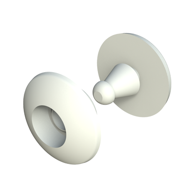 Zatrzask dwuelementowy MRB. Zaprojektowany do łączenia elastycznych elementów wykonanych z plastiku, takich jak np. Identyfikatory lub branslety. Końcówkę męska i żeńską  łączy się  poprzez zaciśnięcie. Produkt trudny do rozłączenia bez zniszczenia zatrzasku.